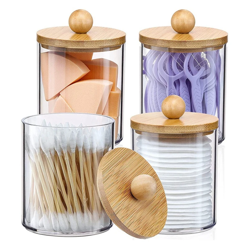 Cotton Pad Box Bathroom Organizer Accessories Storage Containers Clear Plastic Jars With Bamboo Lids For Cotton Ball,Floss