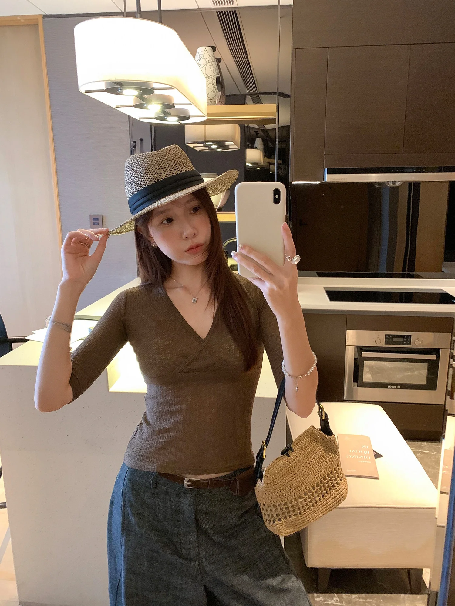 Retro Cross V-Neck Short Sleeve Knitwear Women's Elegant Summer New Style Transparent Skin-Friendly Korean Style T-Shirt