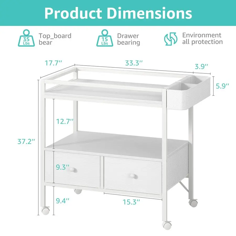 طاولة تغيير حفاضات الأطفال مع مساحة تخزين، خزانة أطفال بيضاء مع سطح طاولة تغيير، محطة تغيير الحفاضات مع درجين من القماش لـ #4
