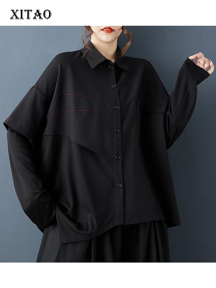 

XITAO нерегулярная черная лоскутная женская блузка, Новое поступление, осень 2022, женская рубашка с длинным рукавом и отложным воротником GJ1248