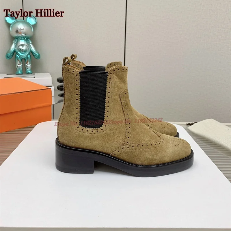 2024 Winter New Flower Carved Chelsea Boots Women'S Non-Slip Genuine Leather Elastic Ankle Boots Fashion Luxury Nude Boots Women