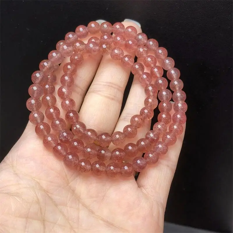 

Natural Clear Strawberry Quartz Triple Circle Bracelet Handmade Stretch Rope Luxury Jewelry Energy Healing Gift 1PCS