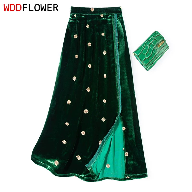 100% Mulberry Silk Lining Emerald-green Velvet Silk Women Midi Skirt Chinese-style Elastic Waist Chic Straight Skirts M1792