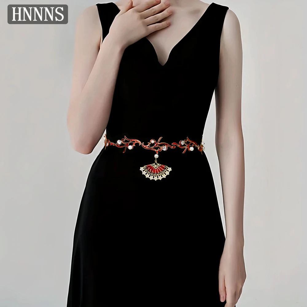 HNNNS – ceinture de taille en perles pour femmes, nouveau Style, en alliage, décorative avec pendentif en éventail, ceintures pour robe formelle, mode élégante, SA381