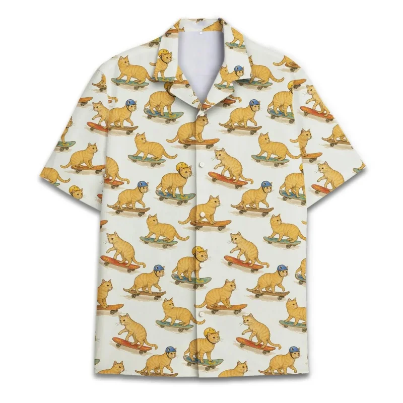 

Abstract Cute Cat Graphic Hawaiian Shirt For Men Fun Animal 3D Print Short Sleeve Summer Loose Street Aloha Shirts Lapel Blouses