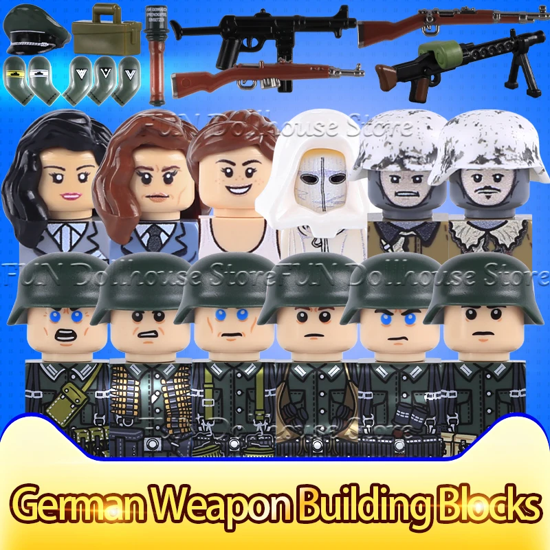 WW2 Winter Snow German Sniper Soldiers Figures Military Arms Accessories Building Blocks Army Infantry Officer Model Bricks Toys