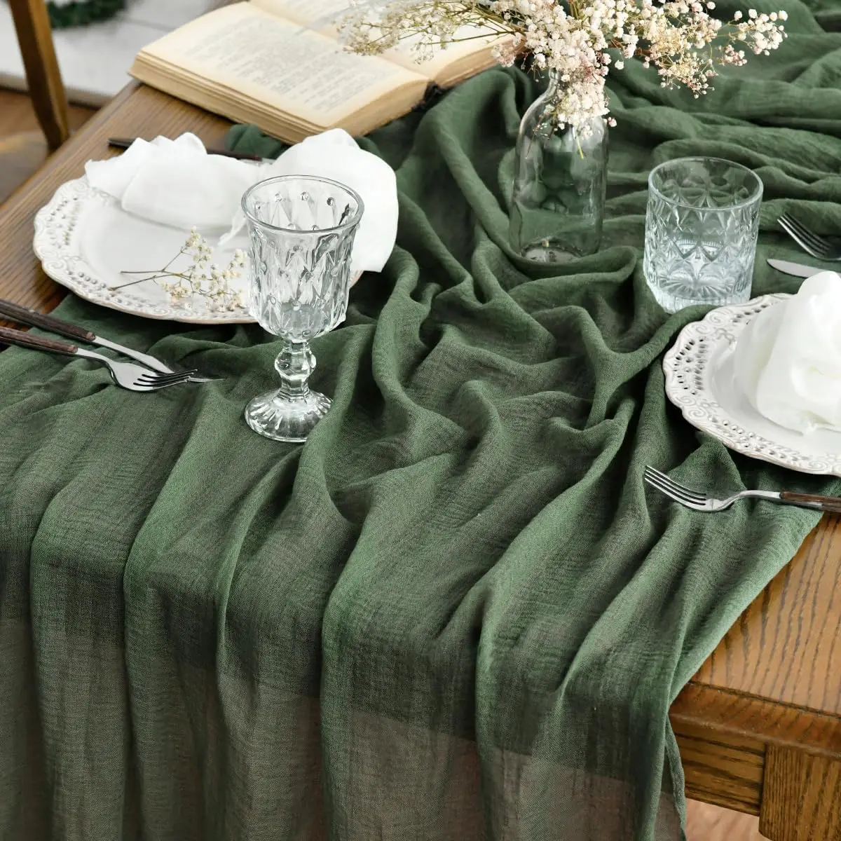 

Boho Forest Green 10Pcs Cheesecloth Table Runner, 120 Inch Seasonal Fabric for Kitchen Dining Holiday Decor