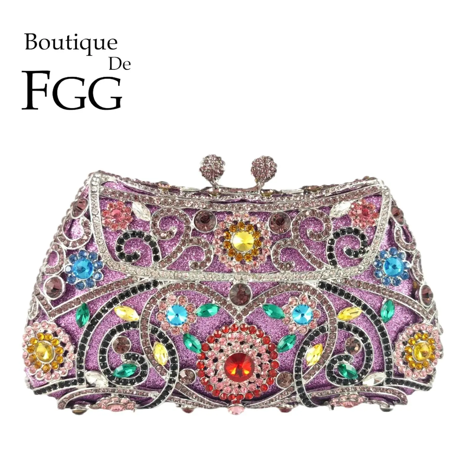 

Boutique De FGG Colorful Purple Women Flower Clutch Evening Handbags Party Dinner Crystal Clutch Bags Bridal Wedding Purse Bag