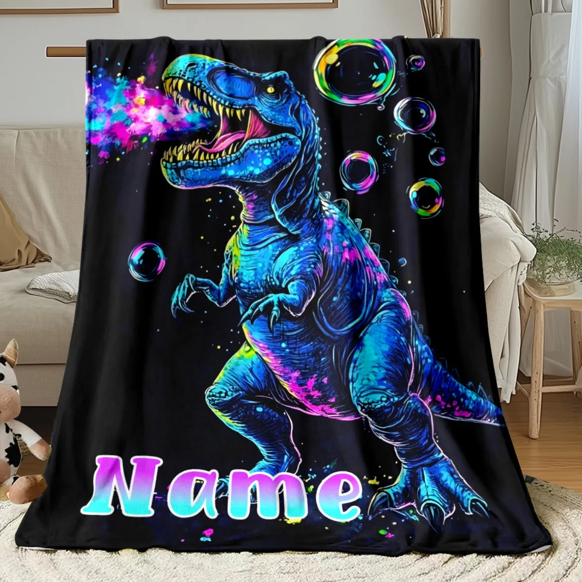 بطانية فقاعات ديناصور ذات اسم شخصي، ناعمة، مناسبة للأسرة والأرائك والسفر والتخييم وجميع المواسم والمهرجانات والهدايا المنزلية الجديدة #6