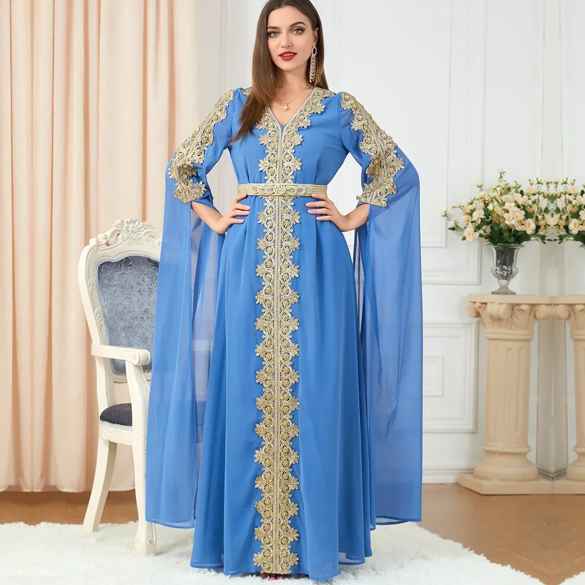 Light Luxury Dubai Indian Dress Women Muslim Abayas Fashion Chiffon Pullover Embroidered Dress Extra Long Sleeves Muslim Dress