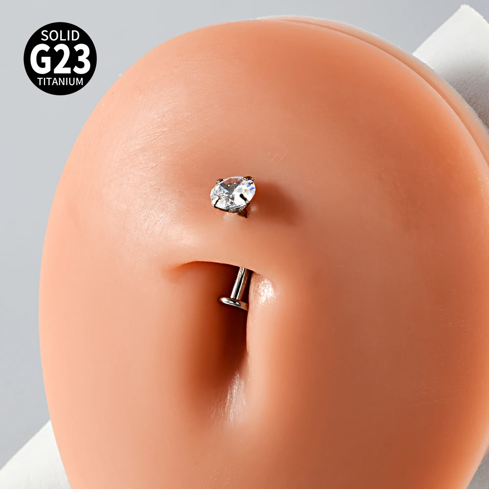 1-4PCS G23 Titanium Curved Belly Button Ring CZ Flat Back Navel Piercing Barbell Labret Lip Stud Star Heart Round Zircon Earring view 4