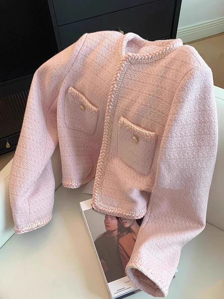 Autumn Winter New Women Sweet Pink Tweed Jackets Elegant Fashion Long Sleeve Patchwork Coat Casual Female Open Stitch Outwear