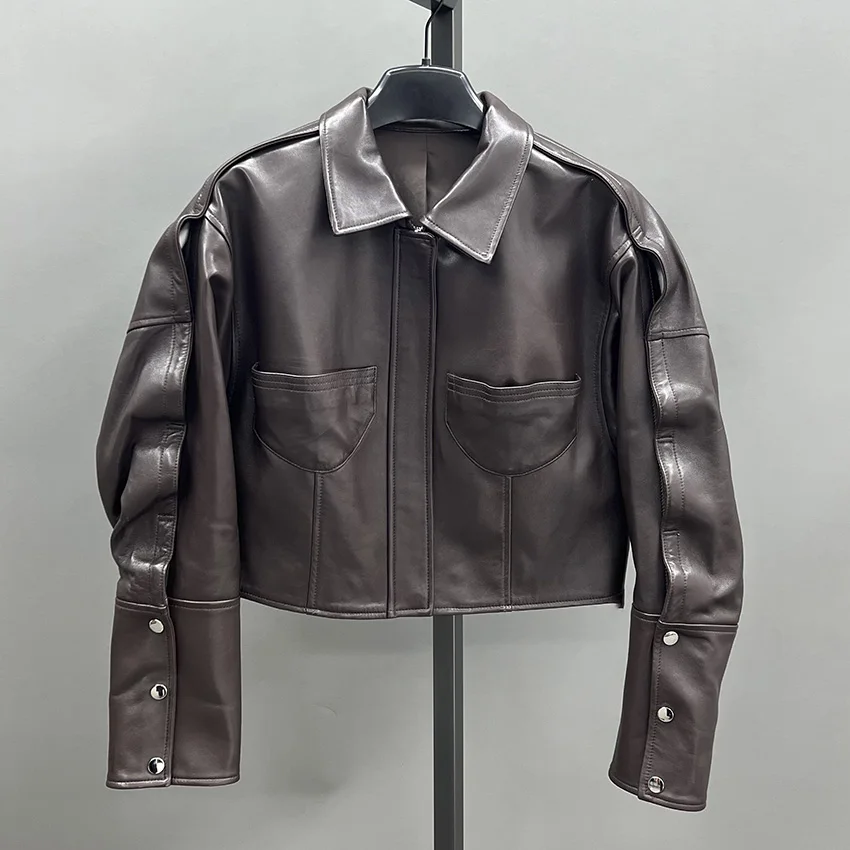 JANEFUR femmes printemps noir en cuir véritable veste courte en peau de mouton manteau automne lâche en cuir véritable pardessus JFB6-25002