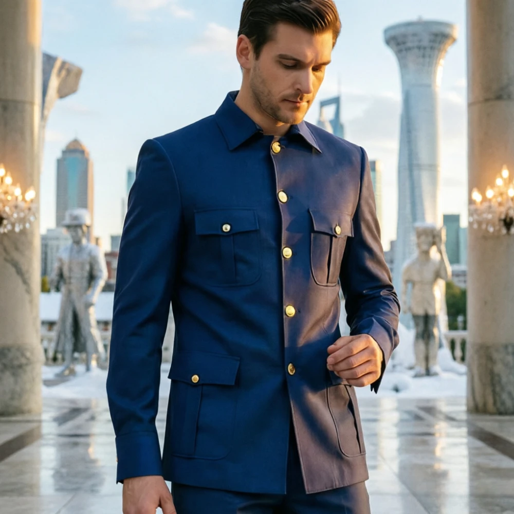 

Safari Men Suits with Gold Buttons Multi-Pocket Formal Business Suit Slim Fit Modern Blazer with Pants for Office 2 Pieces