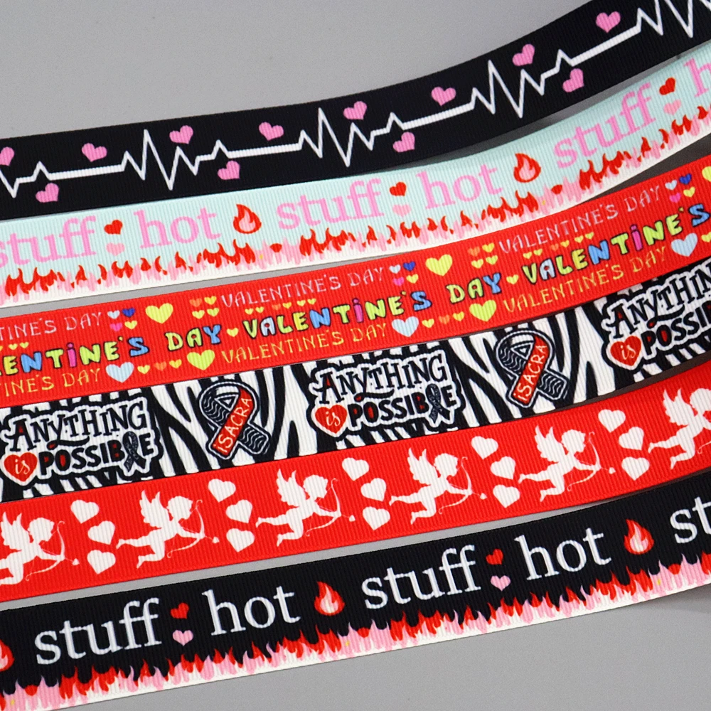 DHK 50yards Love Heart Hot Stuff Valentine Printed Grosgrain Ribbon Accessories Collar DIY Sewing Craft Decoration S2739