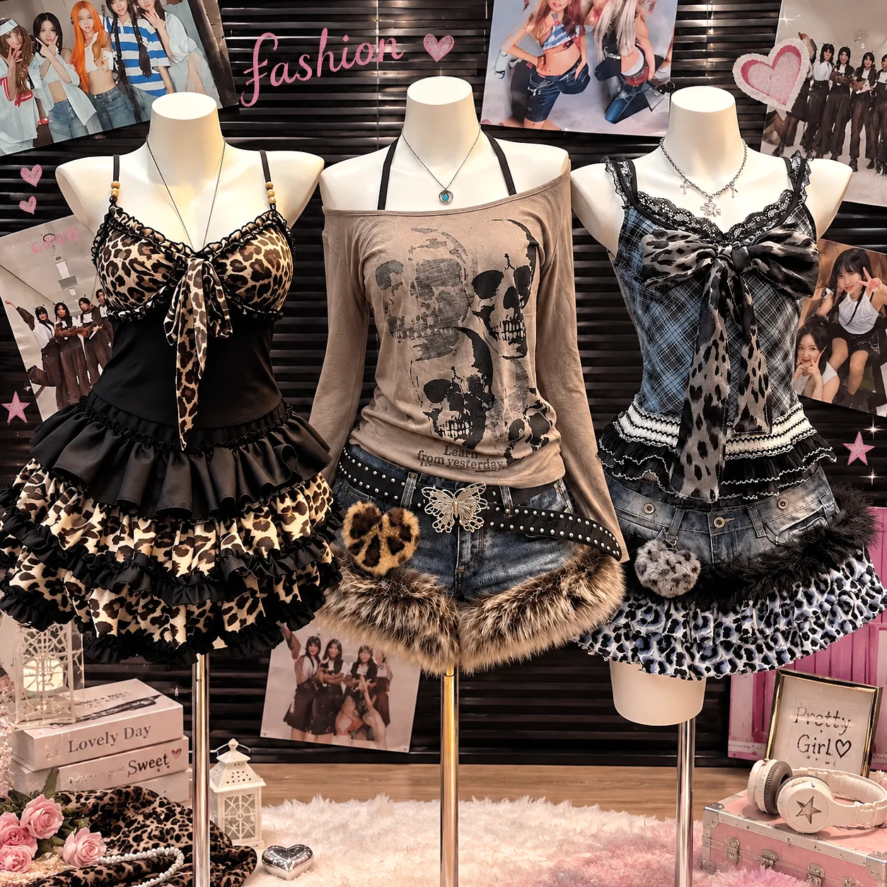 Retro Y2k Harajuku Streetwear Leoparden 2-Teiliges Outfit Damen Subkultur Slim Fit Crop Top Minirock Tägliche Casual Mode Sets