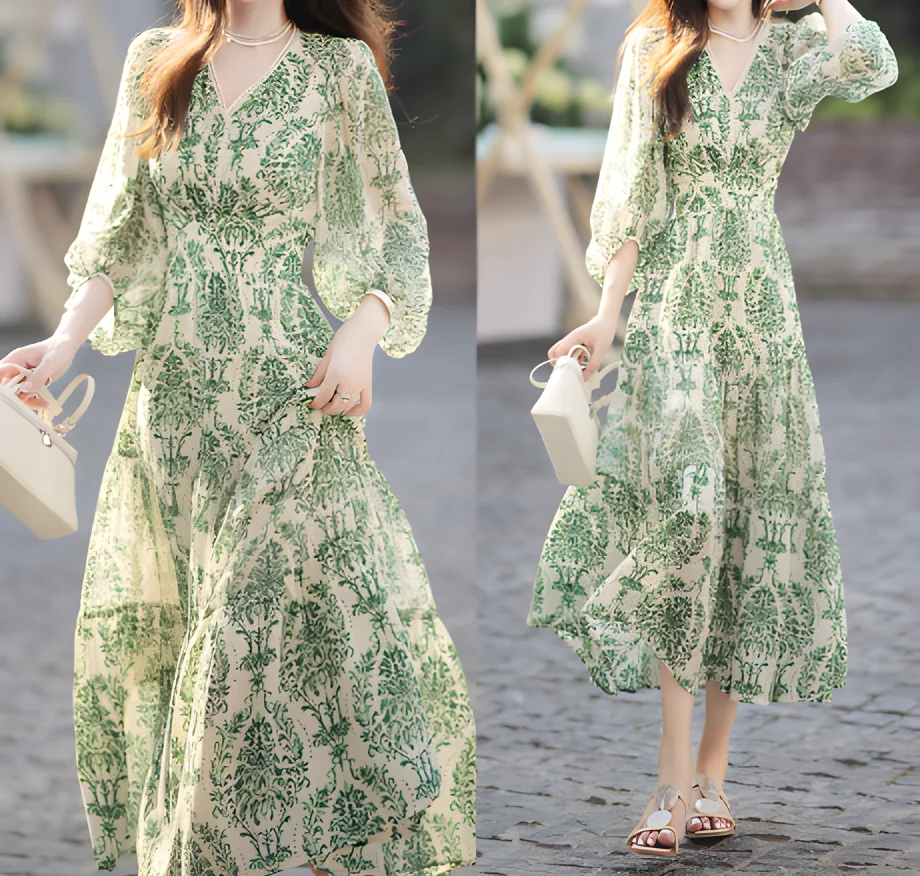 French floral dress summer fashion women\'s new lantern sleeve V-neck waist slimming garden wind garden dress small fresh dress