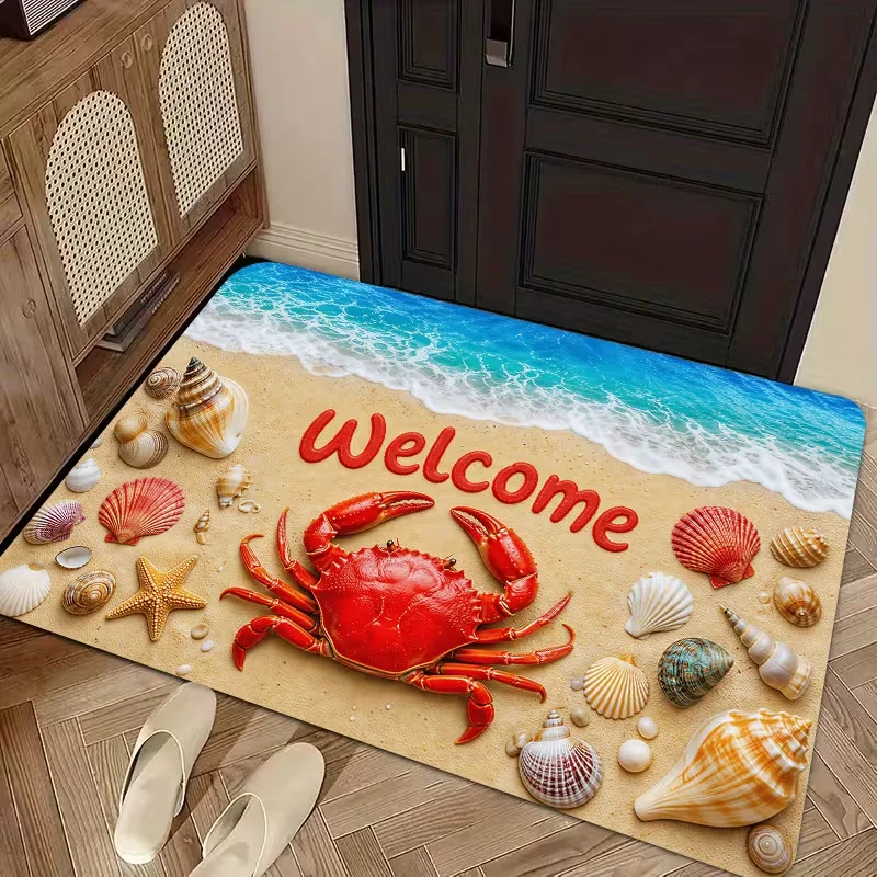 Beach Crab Seashell Welcome Doormat Ocean Seaside Starfish Pattern Entrance Rug Front Door Beach Style Home Decor