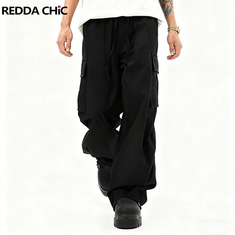 

REDDACHIC Black Cargo Pants for Men Retro Multi-pocket Drawstring Waist Loose Cleanfit Long Trousers Plus Size Everyday Wear