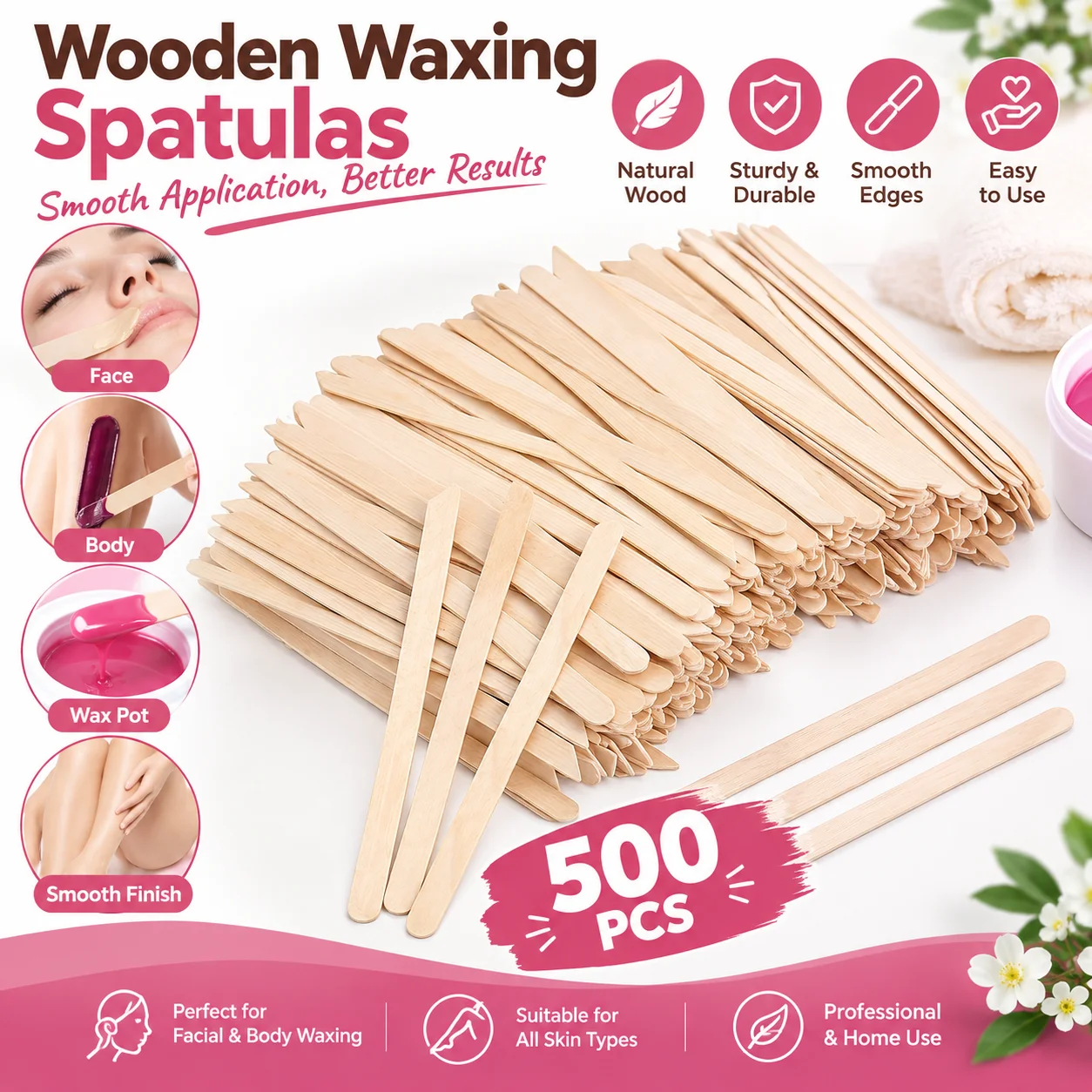 Bulk Wooden Waxing Spatulas Set - 100/300/500 Pcs Disposable Smooth Edge Sturdy Wax Applicator Sticks for Hair Removal