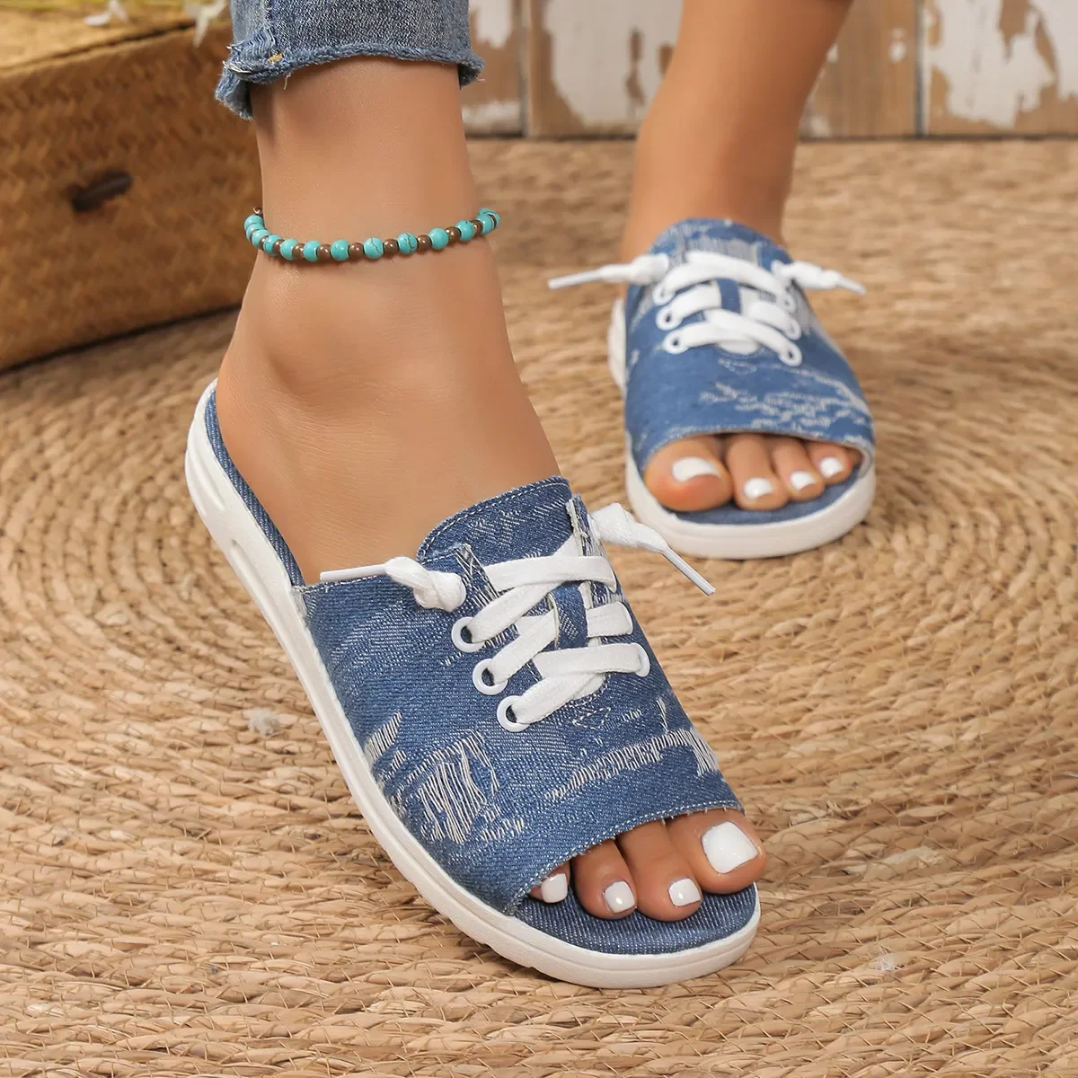 Stylish Washed Denim Mule Shoes Woman Casual Open Toe Sneaker Sandals Ladies Brand Design Summer Sporty Canvas Slide Slippers