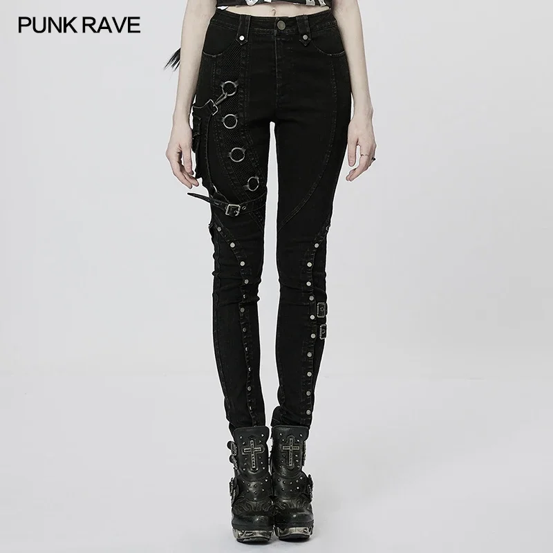 

PUNK RAVE Women's Punk Heavy Metal Denim Pants with Detachable Leg Bag Splicing Mesh Elements Daily Black Rousers Spring/autumn