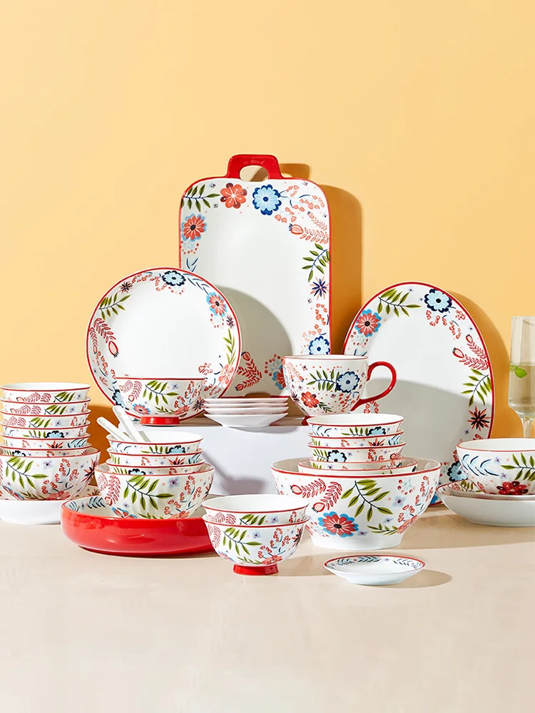 

Bowl and Dish Set Household Bowl Plate Wedding Ceramic Bowl Utensil Ware Combination New Year Housewarming Tableware