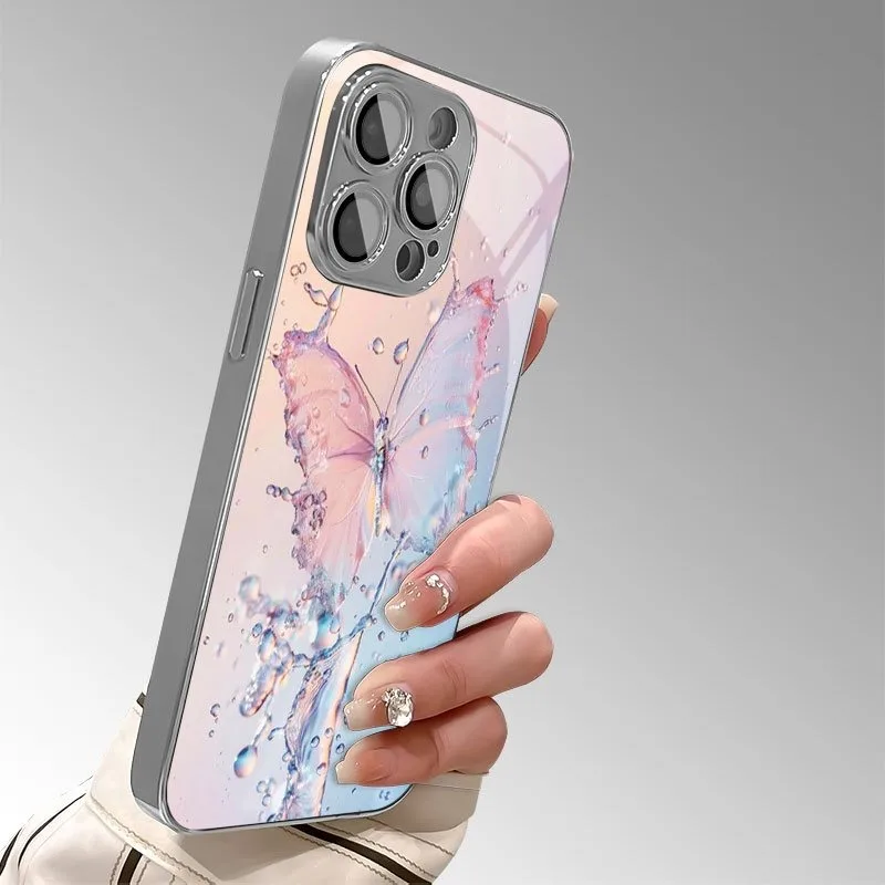 

Luxury Water Play Butterfly Tempered Glass Phone Case for Xiaomi Redmi Note 14 14c 13 12 13c 11 12c 10 10c A3 A2 Pro PLUS 4G 5G