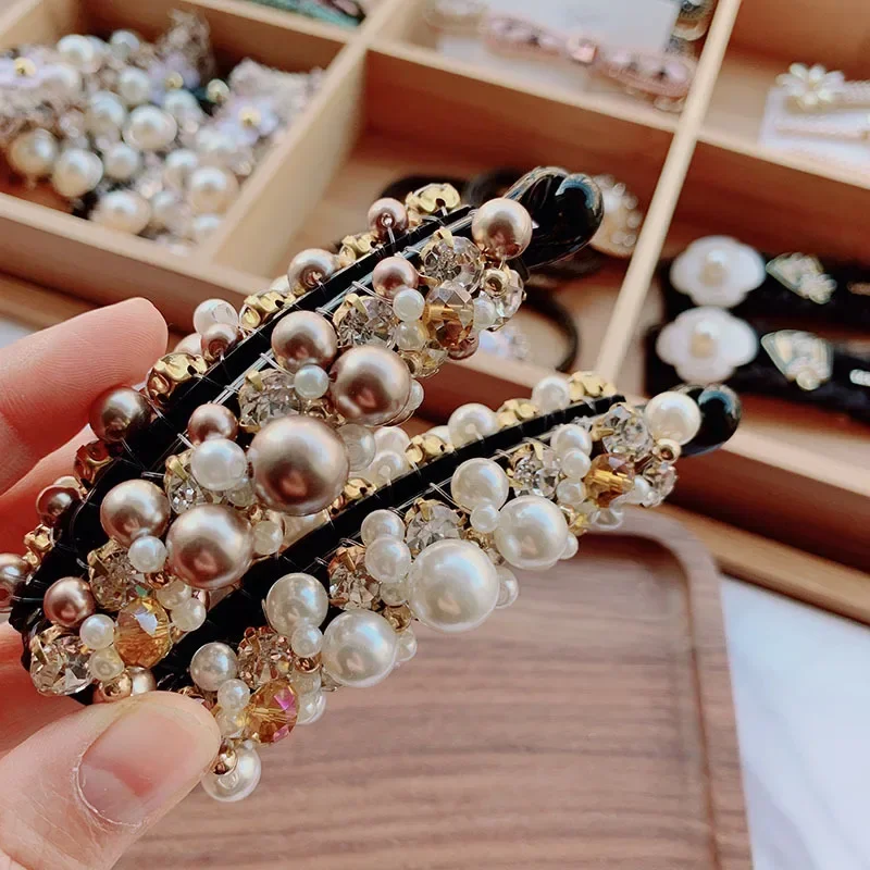 Korean Ponytail Hair Clips Handmade Wrapped Imitation Pearl Rhinestone Hairpins Banana Hair Claw Clip for Women Hair Accessories