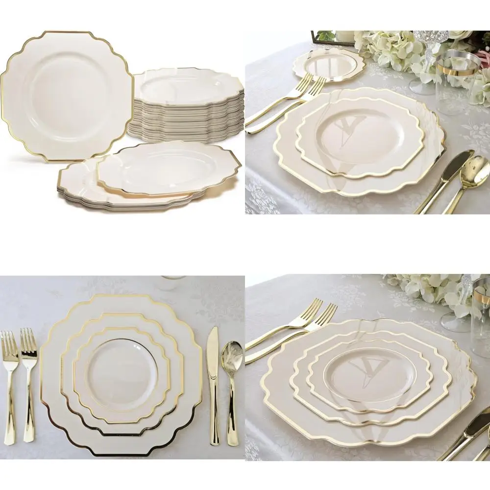 

Тяжелые 8-дюймовые одноразовые пластиковые тарелки для свадебной вечеринки, упаковка из 60 штук, размер запекания/десерта, императорские акценты цвета слоновой кости и золота для E