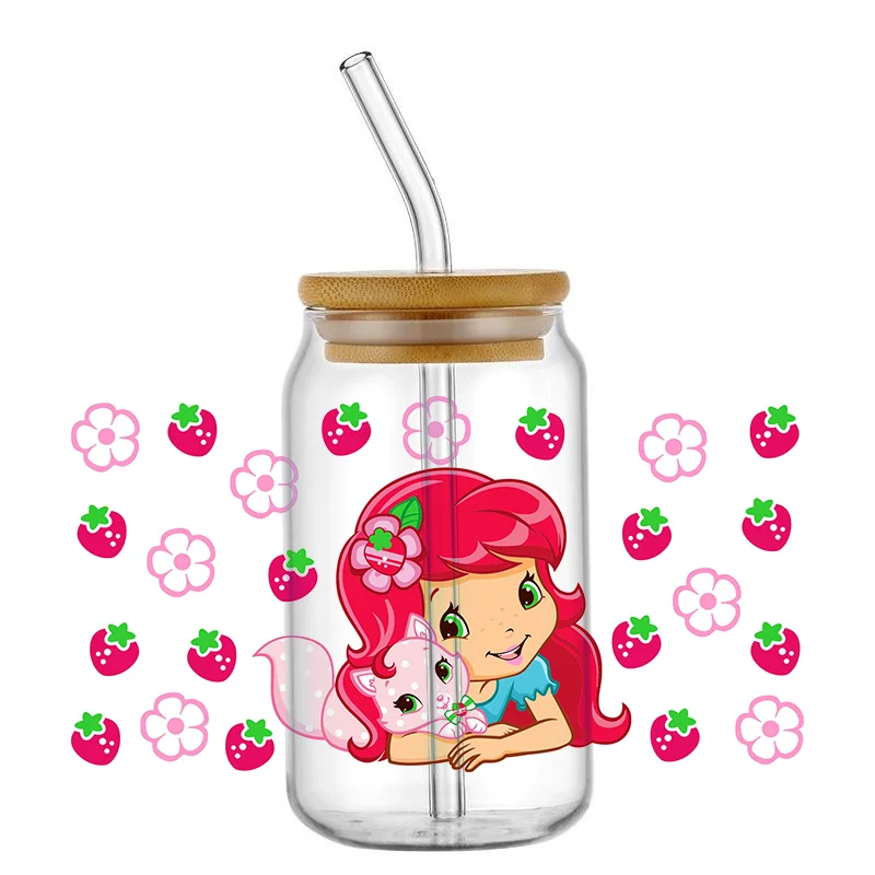 Miniso Kawaii Strawberry Design Custom Waterproof UV DTF Wrap Transfers 16oz Glass Cute Girl Decals for Libby Cups