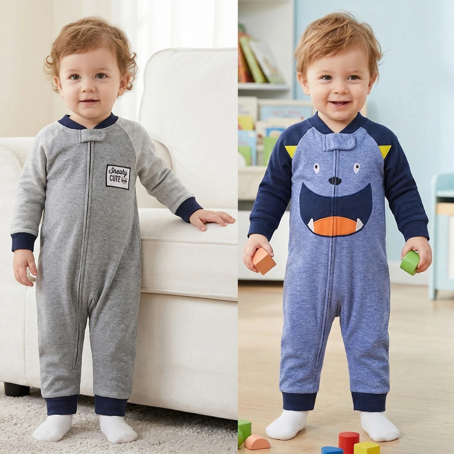 Double-sided Cotton Raglan Sleeve Baby Romper Cute Raccoon&Monster Embroidery Zip Onesie Loungewear for 6-24M Boys All Seasons