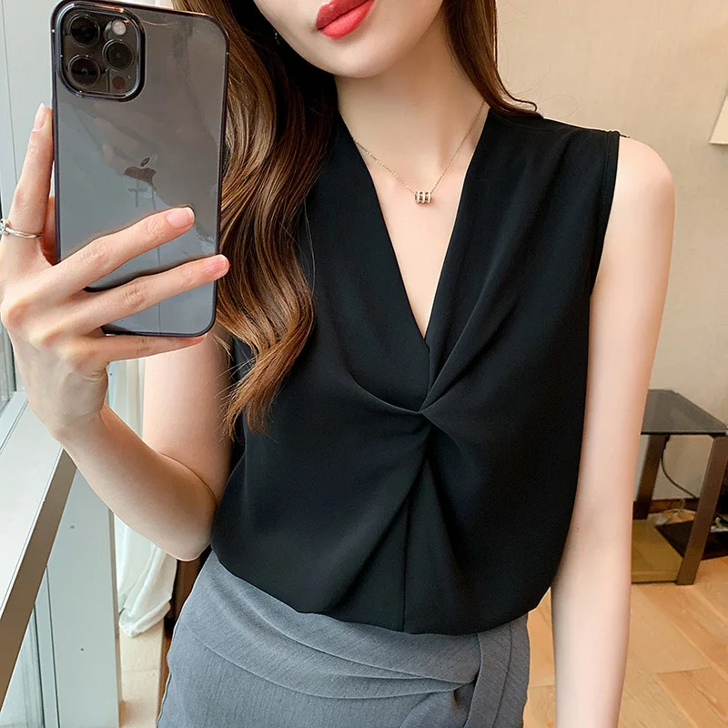 Women Clothing Fashion Elegant Solid Sleeveless Blouse Summer Korean Casual Loose White Pullovers Office Lady Y2k Chiffon Tops