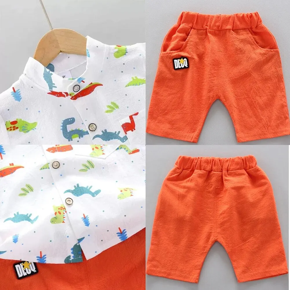 Summer Toddler Kids Clothing Short Sleeve Dinosaur Print Shirt Pant Two Piece Casual Suit Baby Boy Outfit Clothes