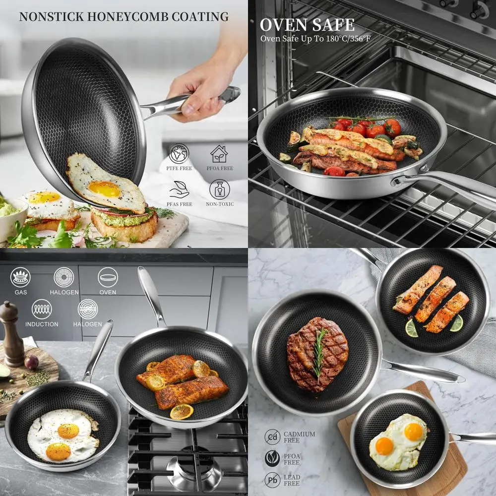 

12-дюймовая большая антипригарная сковорода из трехслойной нержавеющей стали с крышкой, идеально подходит для яиц и омлетов, совместима со всеми типами плит