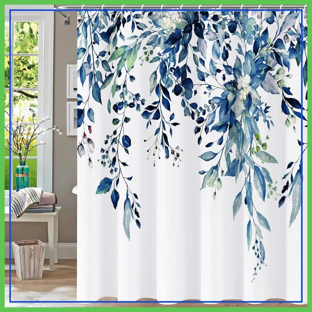 

Watercolor Blue Eucalyptus Leaf Shower Curtain, 72x72 Waterproof Fabric Bathroom Curtain with Hooks