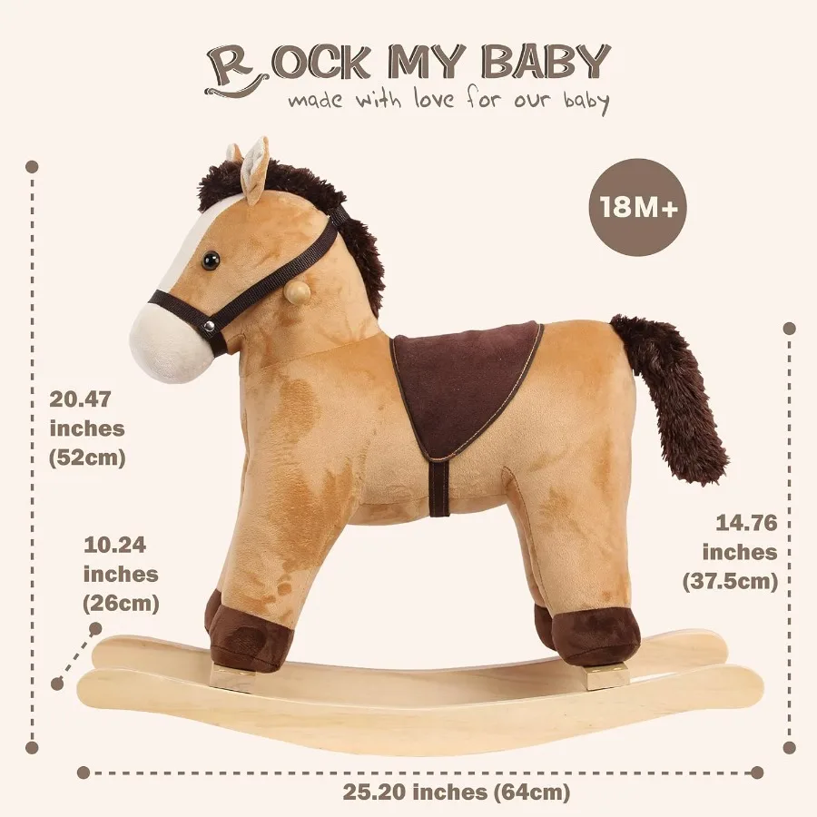 Rocking Horse Rocking Animal with Realistic Sound Stuffed Rocker for Toddlers 18M+ Soft Filling Ride on Pony Light Brown Horse