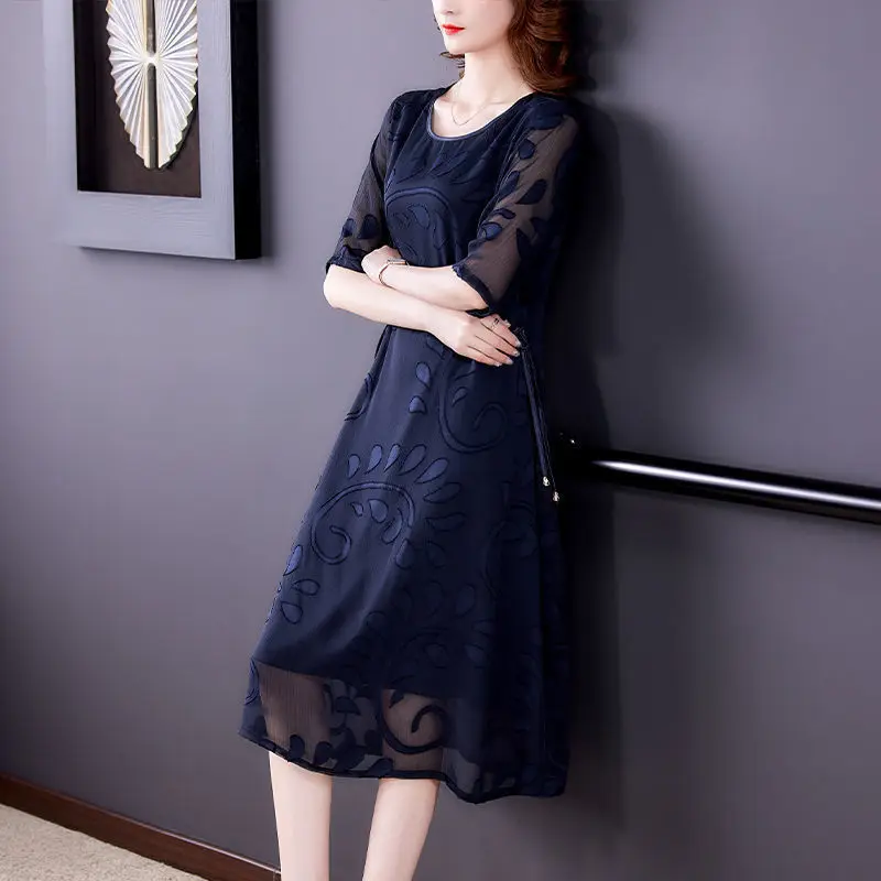 Elegant Vintage Women Embroidery Midi Dress Summer Half Sleeve Big Size Chiffon Dresses Fashion Casual Female Loose Sundress 5XL