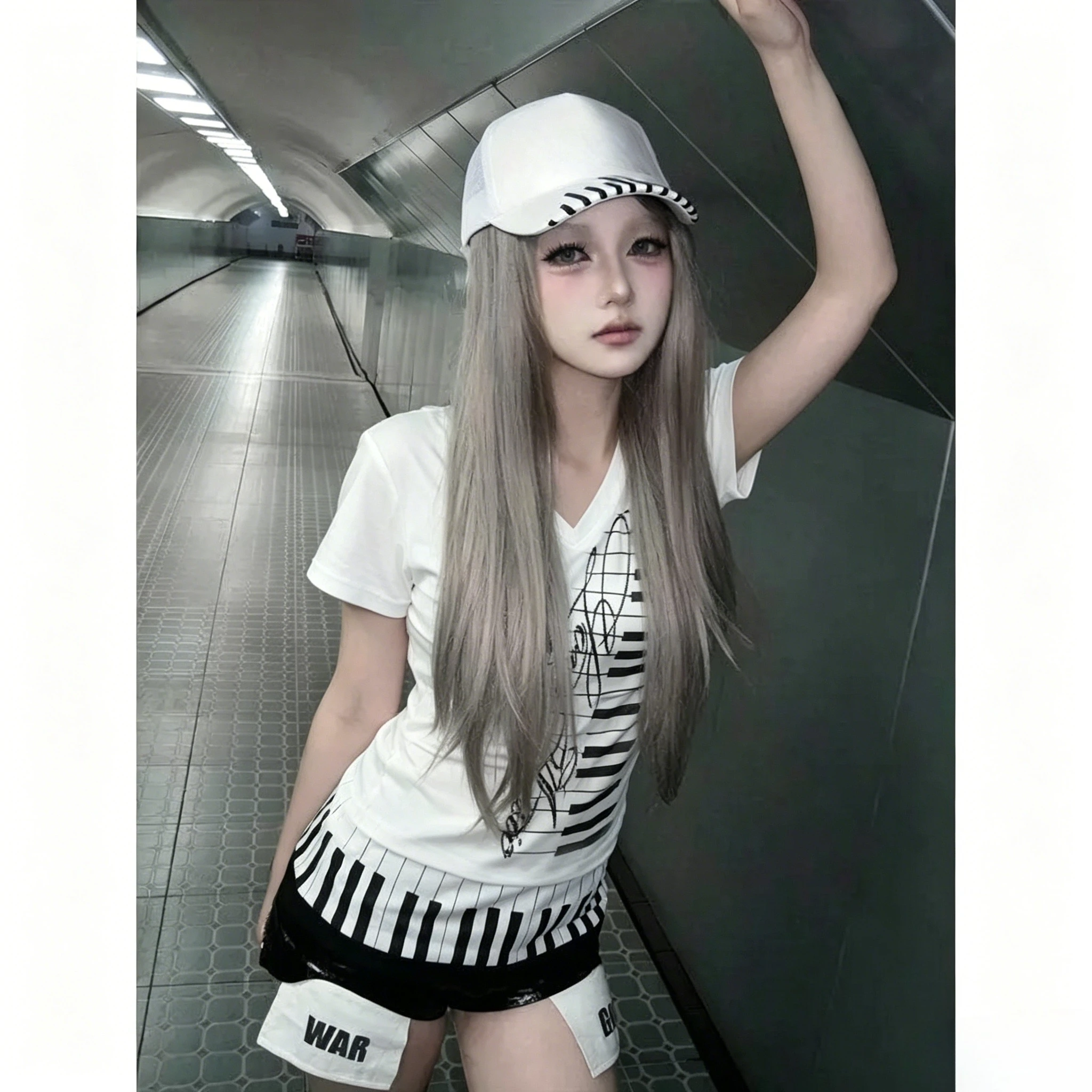Harajuku Piano Key Print Y2k T-shirt Japanese Vintage Tops Short Sleeve V-neck Tee American Retro Female Subcultre New Clothing
