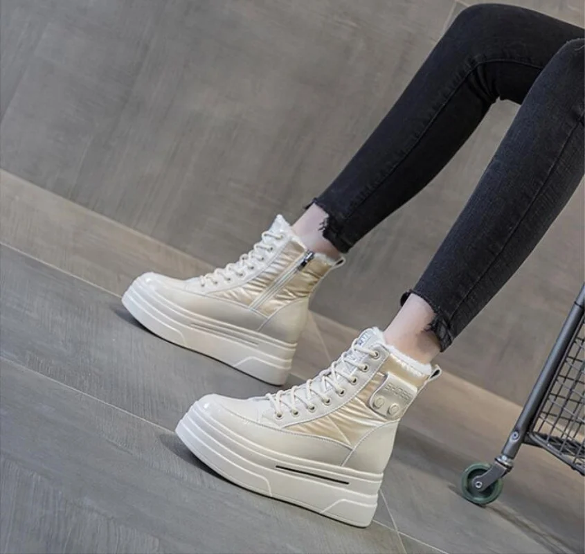 

2023 осень зима 9 см коровья натуральная кожа пуховая ткань женские ботильоны на платформе на танкетке женская плюшевая теплая обувь зимние сапоги