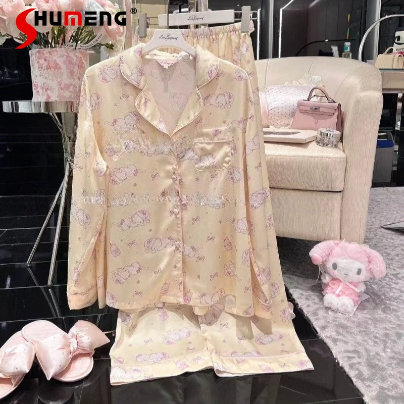 

Original Cute Ice Silk Pajamas Suits for Women Pure Desire Style New Home Wear Female Japanese Style Sweet Sleepwear Set