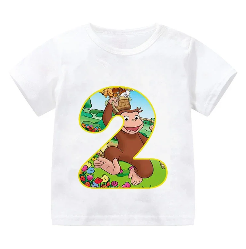 Birthday Number Kids T-shirt Curious George Cute Monkey Print Cartoon Tshirt 1-9 Years Boys Clothes Baby Girls T-shirts Tops