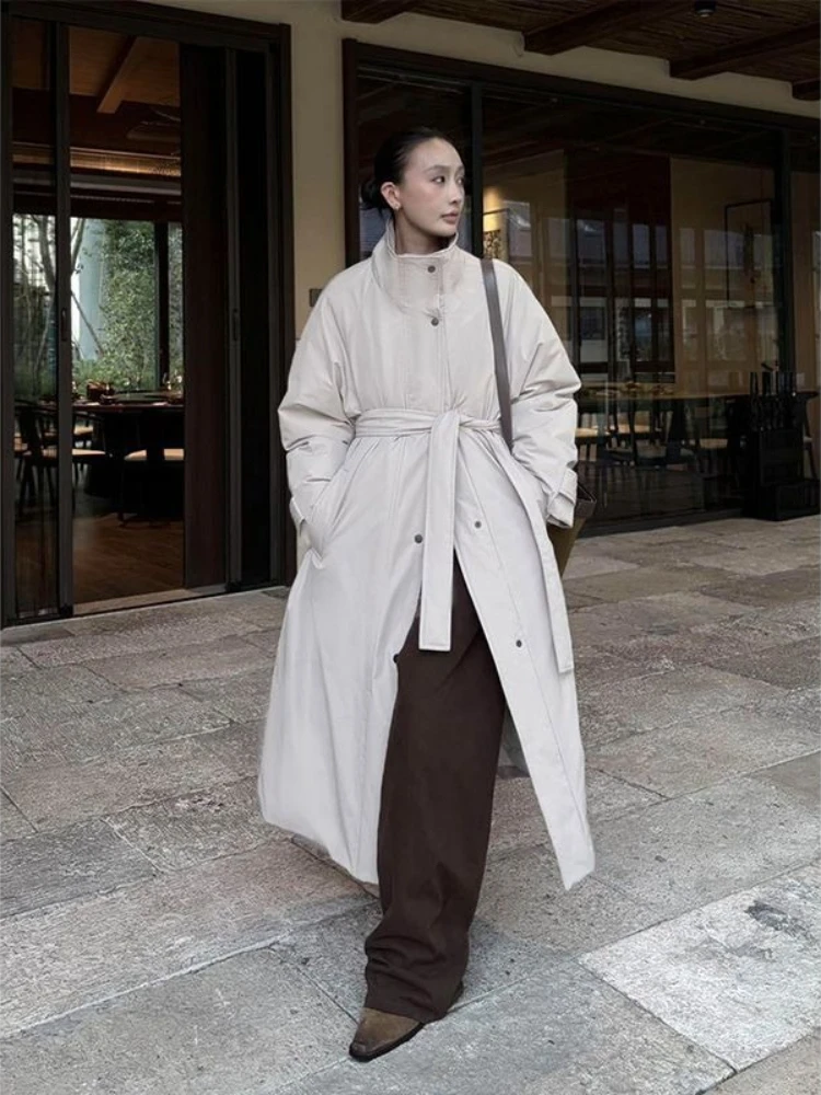 

Женский пуховик с воротником-стойкой на талии, новая зимняя однобортная длинная стильная утолщенная теплая повседневная ветровка, пальто