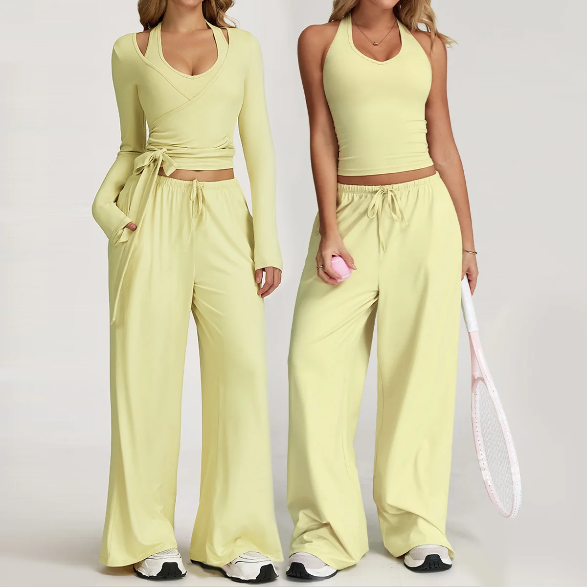 

Yoga yellow gym Set 2 Pieces Women Clothes Workout Outfits Fitness Sportswear Wide leg straight pants Tracksuit Sports Tank suit