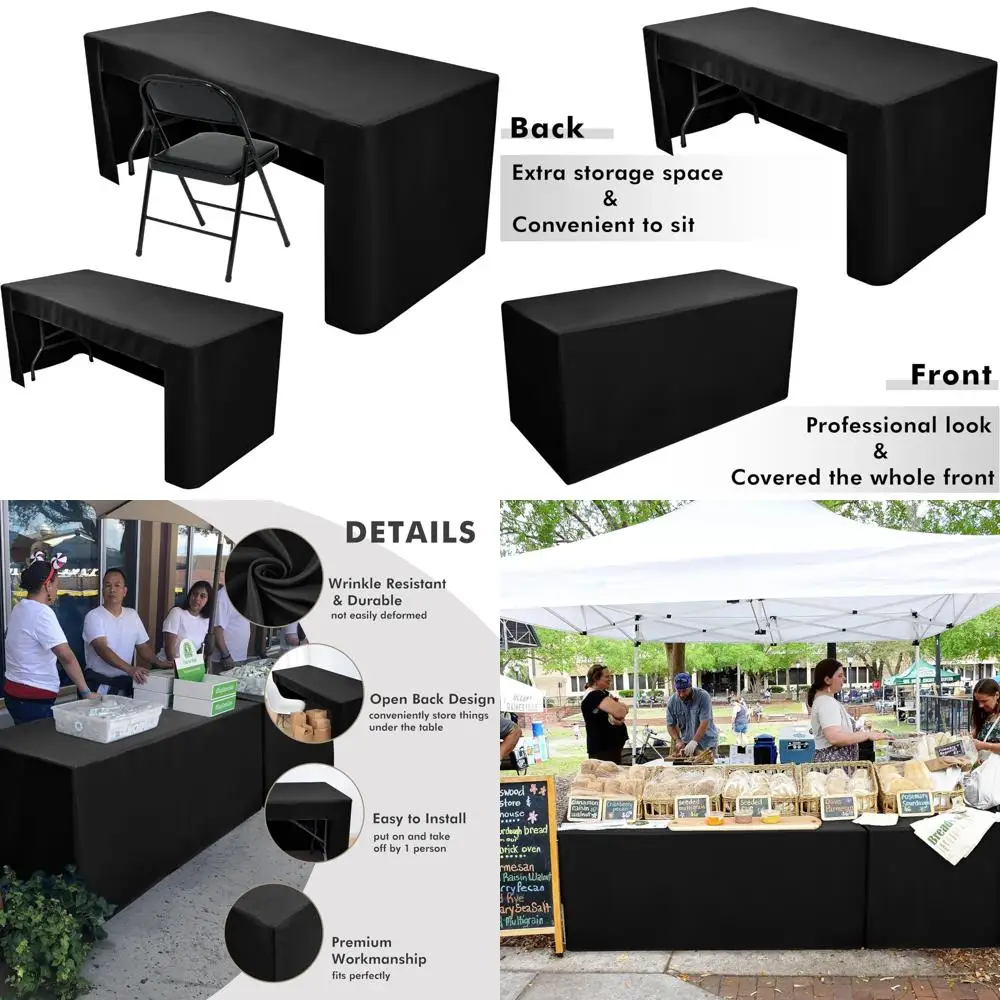 

2 pack black tablecloth 6 foot-open back fitted tablecloth rectangle table, washable fabric trade show table cover for craft sh