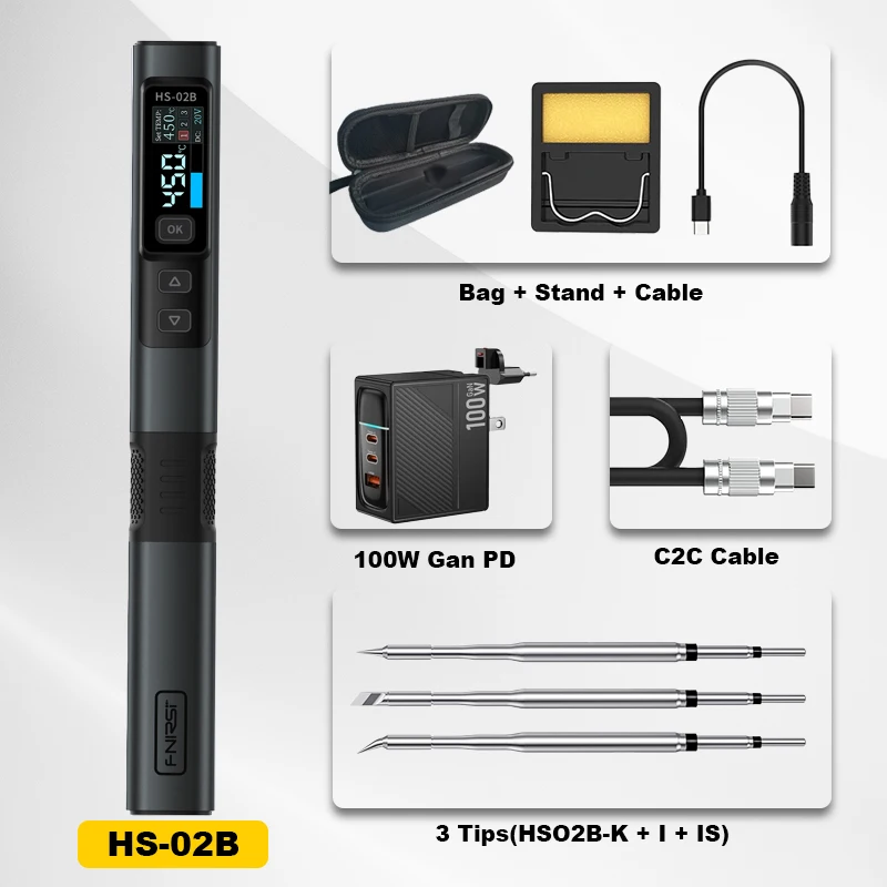 

FNIRSI HS-02B Soldering Iron Smart Sleep IPS Color Display Screen 100-450℃ Soldering Rework Station PD100W Portable Repair Tool