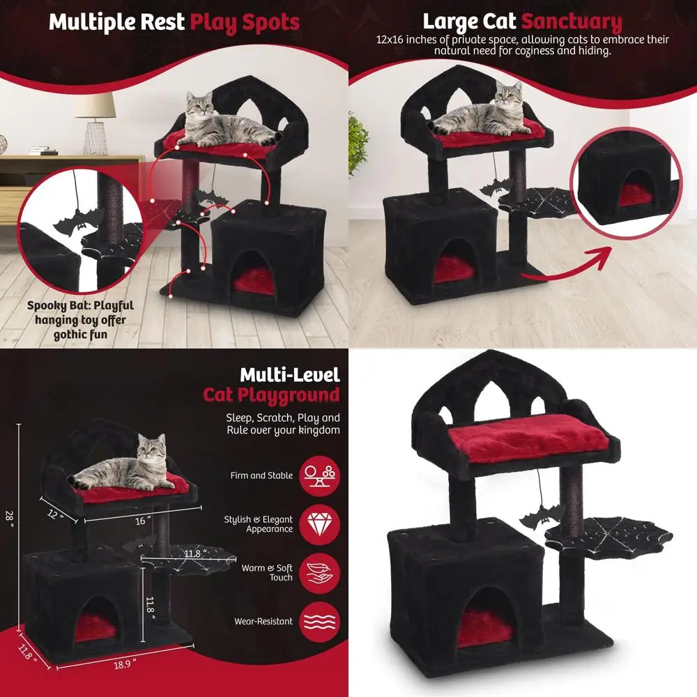 

Elegant 28 Black Cat Tower with Royal Perch, Mysterious Bat Swing, and Sturdy Sisal Scratch Pad - Gothic Feline Sanctuary