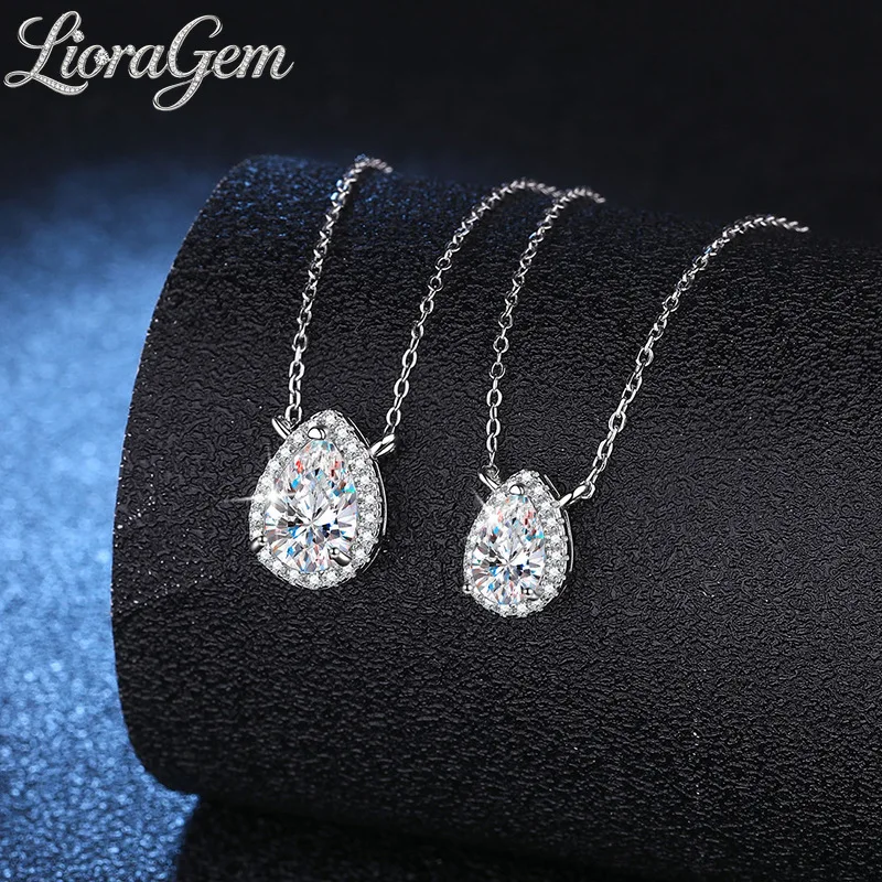 LioraGem Pear-shaped Single Moissanite Pendant for Women, Simple Micro-paved Teardrop Moissanite Necklace Platinum PT950 Stamp