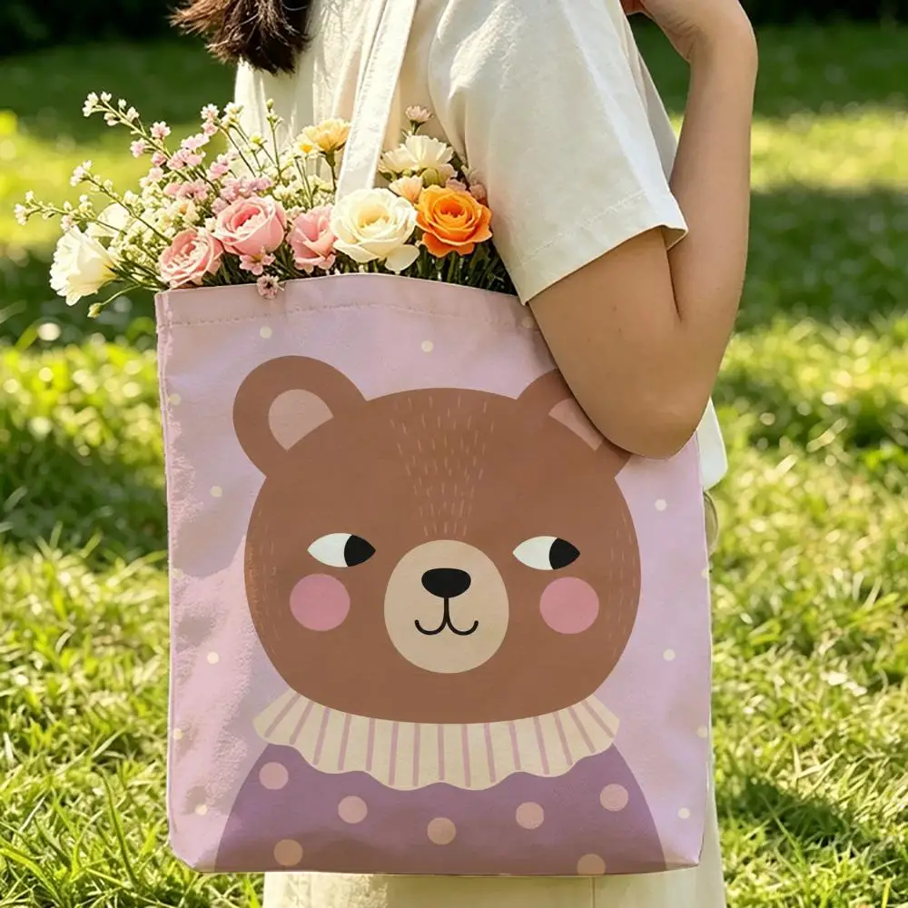 Cartoon Cute Animals Illustration Storage Bags Beach Canvas Shoulder Tote Bag Double-Sided Print Handbag for Travel Picnic