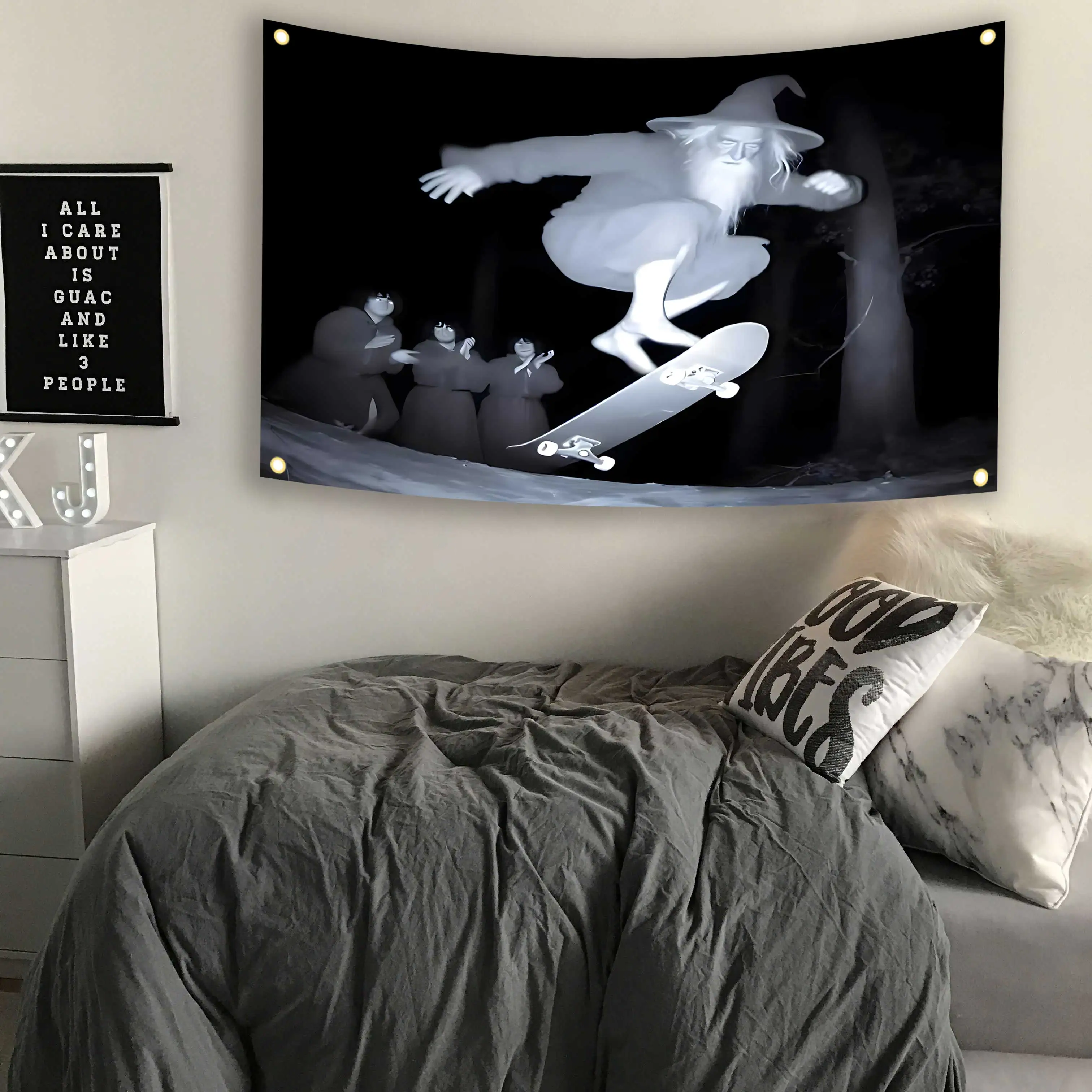 Wizard Skateboarder Flag Skateboarding Elderly Wizard Tapestry Banner With Four Brass Grommet For Indoor Decoration, Home Decor